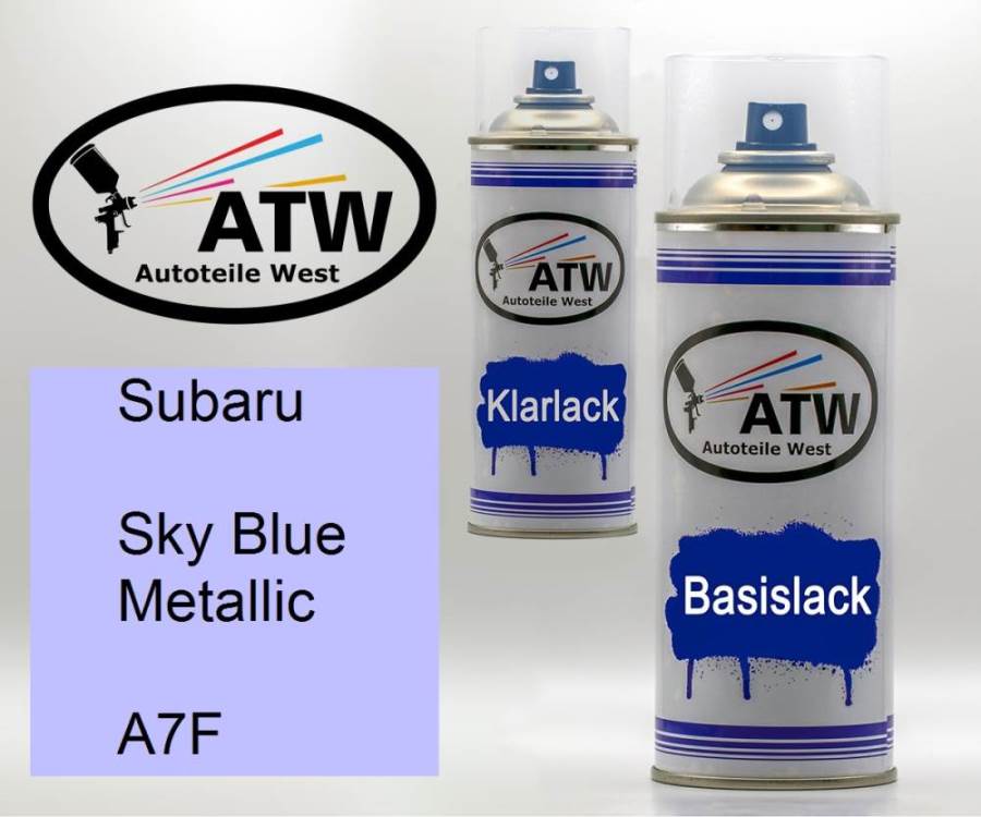 Subaru, Sky Blue Metallic, A7F: 400ml Sprühdose + 400ml Klarlack - Set, von ATW Autoteile West.